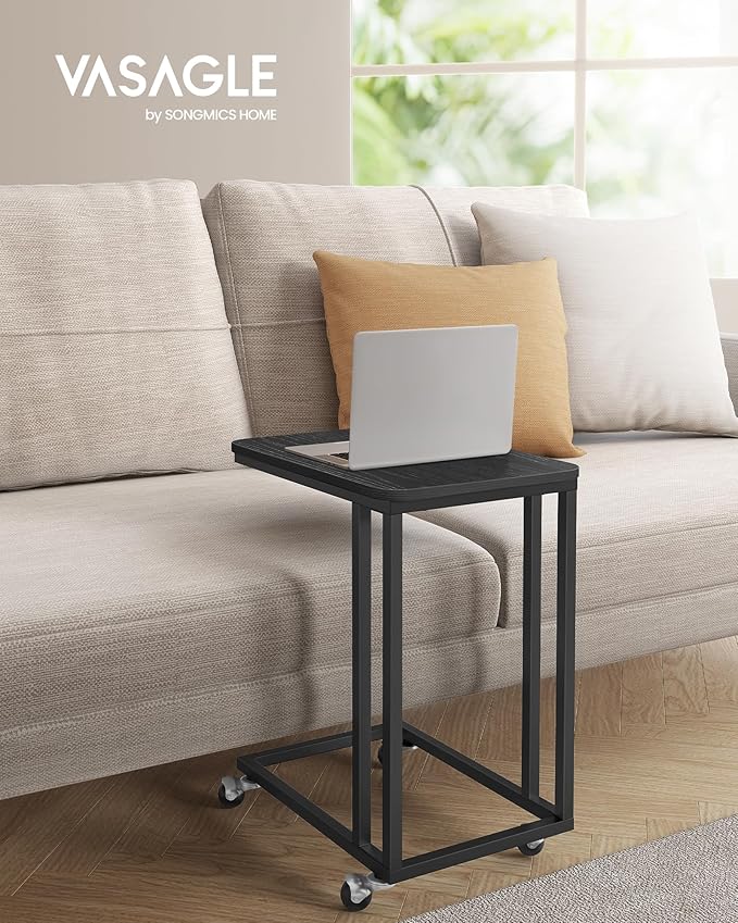 VASAGLE End Table, C Shaped TV Tray with Metal Frame Rolling Casters for Coffee Laptop Mobile Tablet, Industrial Side Table for Living Room Bedroom, 19.7 x 13.8 x 23.6 Inches, Ebony Black, ULNT050B56