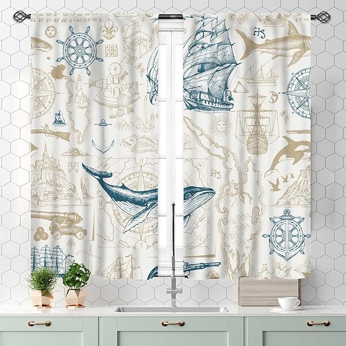 Vintage Nautical Curtains, Marine Coastal Sailboat Compass Anchor Ocean Beach Whale Old Pirate Map Decorative Drapes for Bedroom Living Room Kitchen Bathroom Window 2 Panels Set, 55x39 Inch