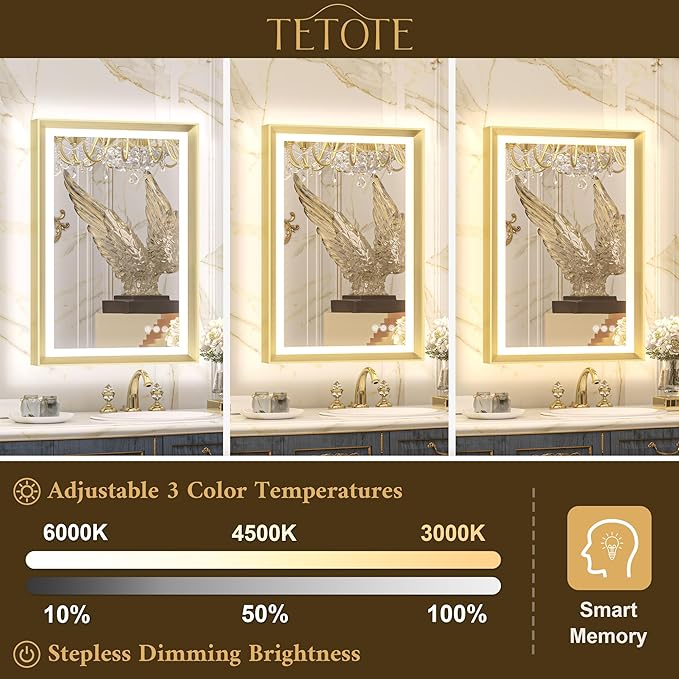 TETOTE 48x30 LED Bathroom Mirror with Lights Gold Metal Framed Front & Back Light Vanity Mirror Baroque Antifog Stepless Dimmable White/Warm/Natural,CRI90+,Waterproof,Wall Mounted(Horizontal/Vertical)