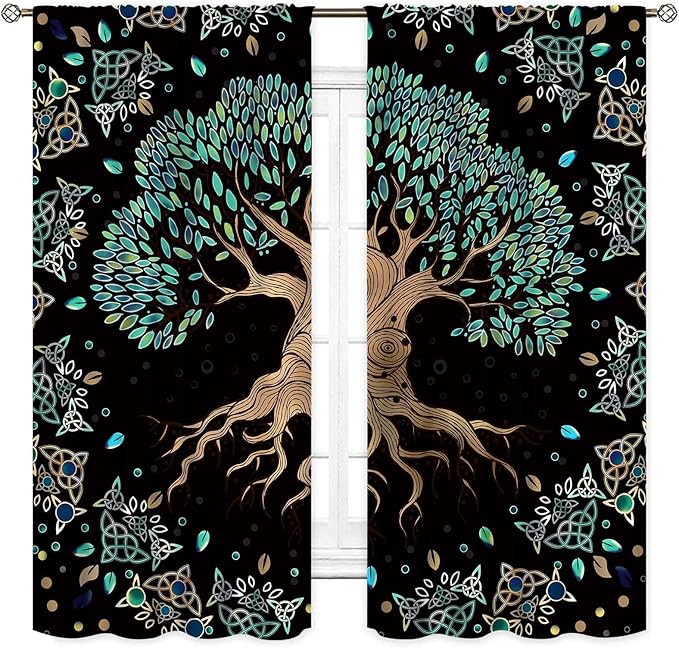 Tree of Life Curtains, Hippie Green Leaves Tree Life Vikings Celtic Nordic Aesthetic Mythology Window Drapery Treatments for Bedroom Living Room Bathroom 2 Panels, 84"x84" Inch