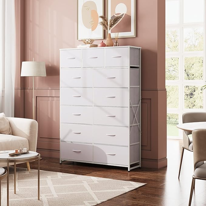WLIVE Storage Organizer Unit with 13 Fabric Bins, Storage Drawers Organizer with Steel Frame, Tall Storage Tower Organizaton for Living Room, Hallway, Office, White