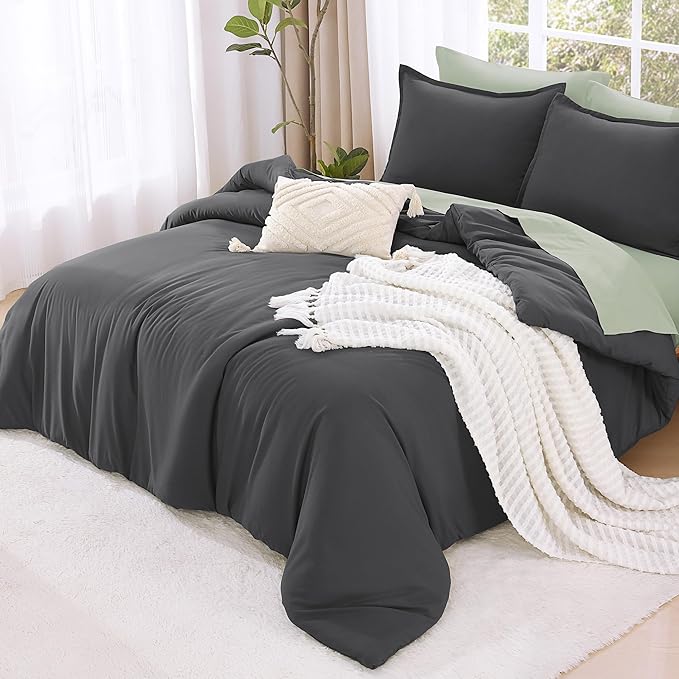 Litanika Oversized King Comforters Dark Grey Super King Size, 3 Pieces Lightweight Solid Bedding Comforter Set, All Season Fluffy Bed Set (120x120In Comforter & 2 Pillowcases)