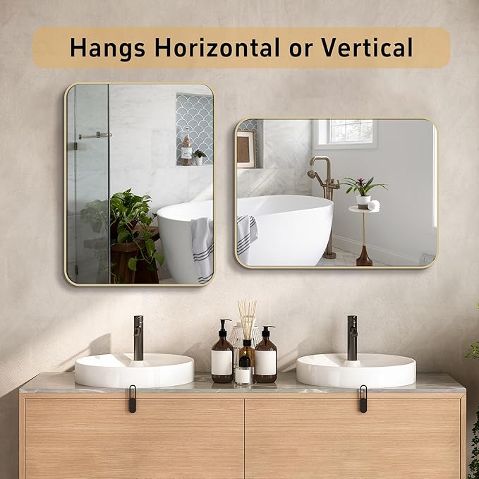 24"x30" Brushed Matte Gold Mirror for Wall, Gold Metal Framed Rounded Corner Rectangular Mirror for Bathroom Vanity,Entryway,Living Room,Bedroom,Vertical or Horizontal