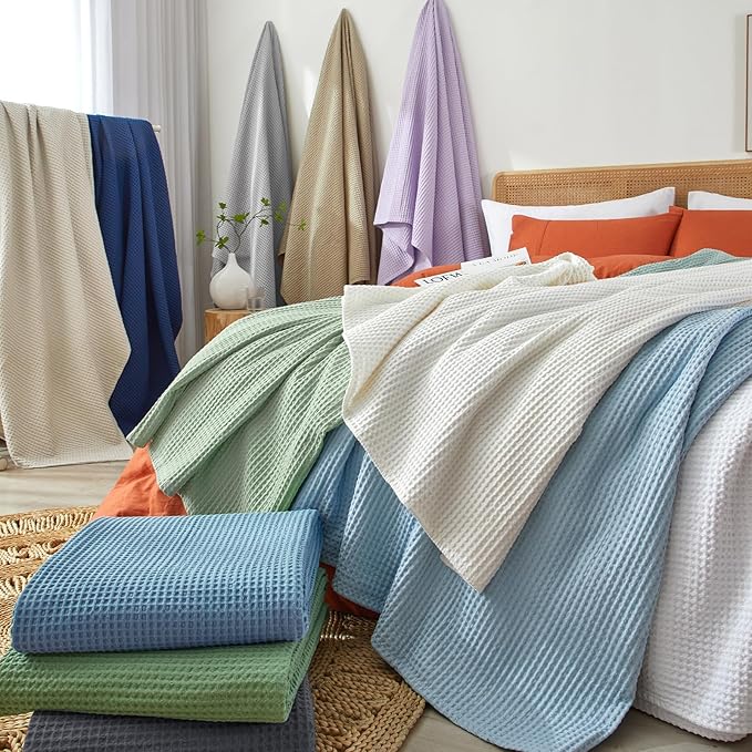 PHF Pre-Washed Cotton Waffle Weave Blanket Throw Size for Bed Couch,Snag Proof Spring Summer Lightweight Breathable,Oeko-TEX Certified,Machine Washable, Home Decor Gift，Dark Navy