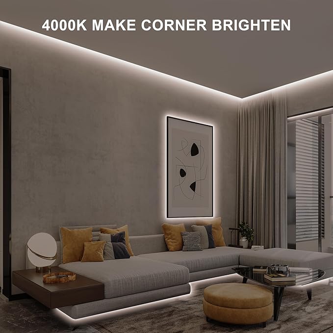 16.4ft COB Led Strip Light with Remote, 4000K Dimmable Bright Led COB Strip Light, White Continuous Led Strip Light for Mirror, Stair, Cabinet, Room