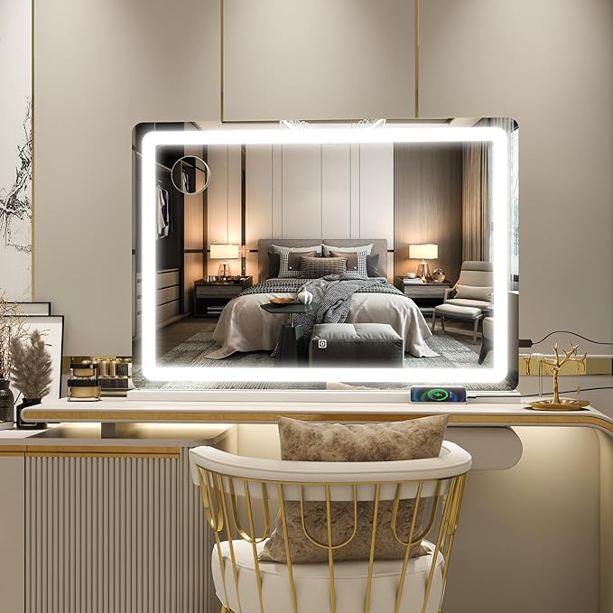Vanity Mirror with Lights, 32" x 22" Large Lighted Vanity Mirror with Dimmable 3 Modes, LED Makeup Mirror, Touch Screen Control, USB Charging Port, Tabletop or Wall-Mounted