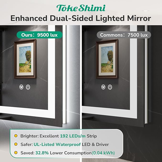 TokeShimi 24x30 LED Bathroom Mirror with Lights,Front Lit + Backlit,Anti-Fog LED Mirror for Bathroom,Stepless Dimmable 3-Color Light,Tempered Glass,Memory,UL Listed,Waterproof