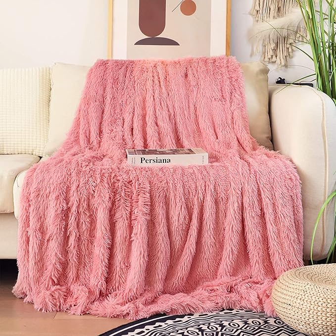 Tuddrom Decorative Extra Soft Faux Fur Blanket Twin Size 70" x 78",Solid Reversible Fuzzy Fluffy Cozy Plush Fleece Comfy Microfiber Fur Blanket for Couch Sofa Bed,Pink