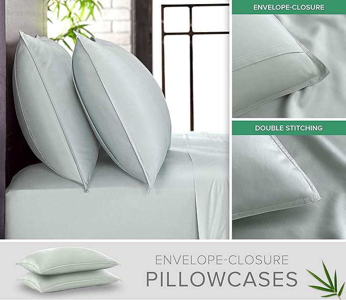 Short Queen Sheets by Pure Bamboo for RV Camper (60"x75") - Genuine 100% Organic Viscose Derived from Bamboo Bed Sheet Set, Soft & Cooling, Lifetime Quality Promise (Short Queen, Sea Glass)