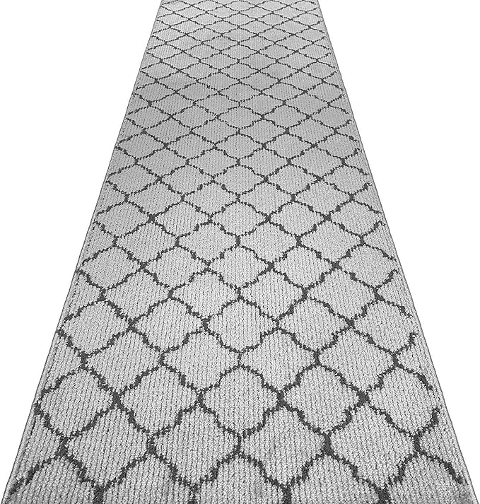 Custom Size Modern Runner Rug Carpet for Hallway Entryway Foyer Kitchen, Slip Resistant Latex Rubber Backed 31 inch Wide X Customized Length, Trellis Grey, 31 inch X 27 feet