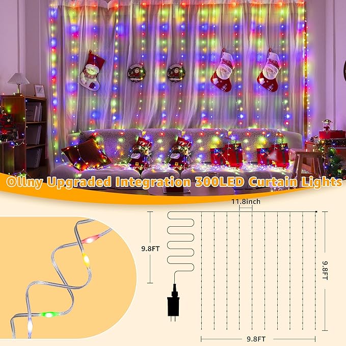 Ollny Curtain Lights 300 LED 9.8FT x 9.8FT, Connectable IP67 Waterproof Outdoor Christmas Curtain Lights with Remote, Plug-in Untangle Fairy Lights with 8 Modes&Timers for House Decor(Multicolored)