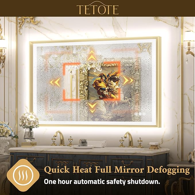 TETOTE Gold LED Mirror for Bathroom 20x28 Metal Frame Frontlit & Backlit Lighted Vanity Mirror Baroque Anti Fog Stepless Dimmable White/Warm/Natural,CRI90+,Wall Mounted(Horizontal/Vertical)
