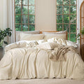 MooMee Bedding Duvet Cover Set 100% Washed Cotton Linen Like Textured Breathable Durable Soft Comfy (Heathered Almond Milk Grey, Super Queen 90"x98")