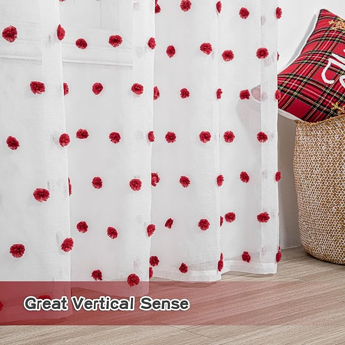 MYSKY HOME Red Pom Pom Curtains for Kitchen 45 Inch Long Bedroom Curtains Christmas Small Windows Light Filtering Sheer Curtains for Nursery Short Cafe Bathroom Privacy Rod Pocket 2 Panels 52 x 45 in