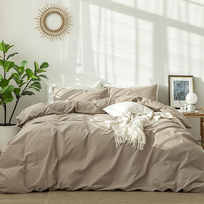 MooMee Bedding Duvet Cover Set 100% Washed Cotton Linen Like Textured Breathable Durable Soft Comfy (Solid Light Camel, Super King 108"x98")