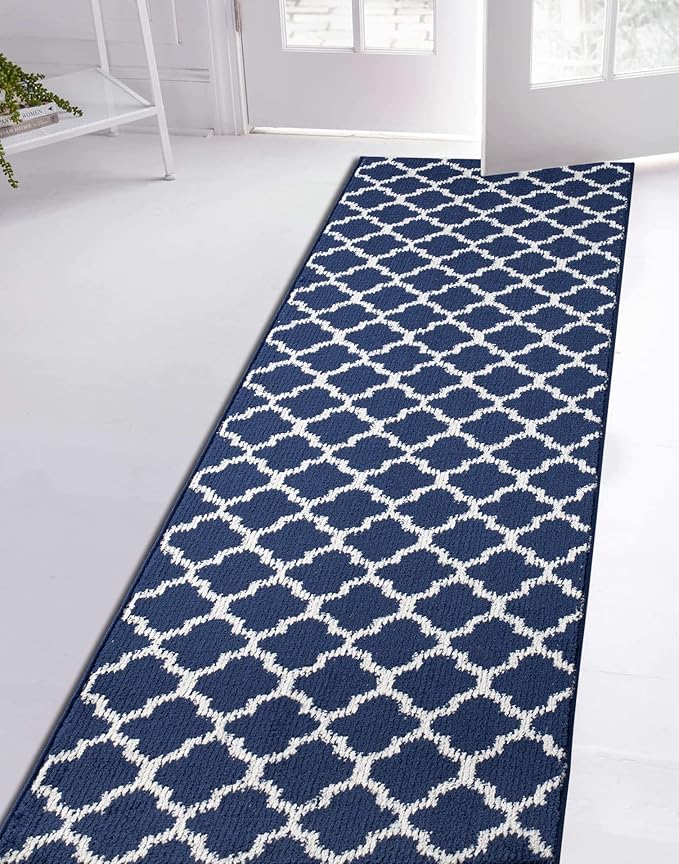 Custom Size Cut to Length Moroccan Trellis Design Runner Rug Mat For Wide Long Hallways with Non-Slip Rubber Backing, Better Traction for Pets, Prevent Slippage, Trellis Navy Blue, 31 inch X 16 feet