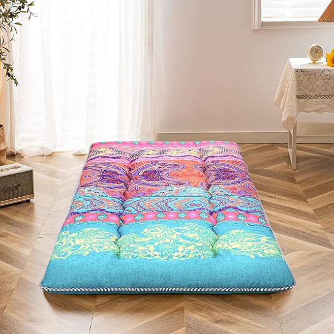 MAXYOYO Bohemian Floor Bed, Japanese Futon Mattress, Narrow Twin Single Bed, Foldable Roll Up Camping Cot for Adults