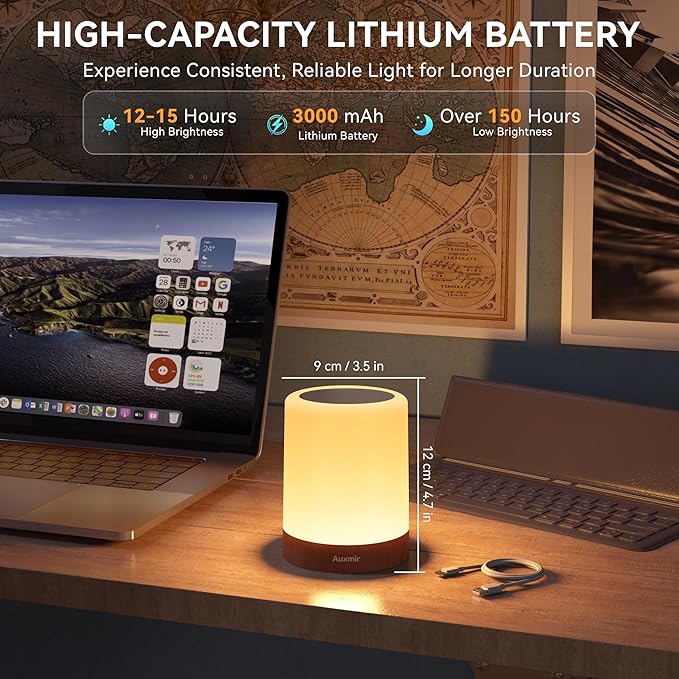 Auxmir LED Night Light Bedside Lamp Touch and Remote Control Dimmable Tabletop 13 Colors Changing 5 Brightness Adjustable Rechargeable Portable Lamp for Baby Kids Bedroom Living Room Outdoor Camping