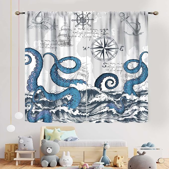 Nautical Curtains, Coastal Old Pirate Map Sailboat Compass Anchor Vintage Ocean Kraken Octopus Tentacles Blue Marine Window Drapery Treatment for Bedroom Living Room Kitchen Bathroom, 84"x84" Inch