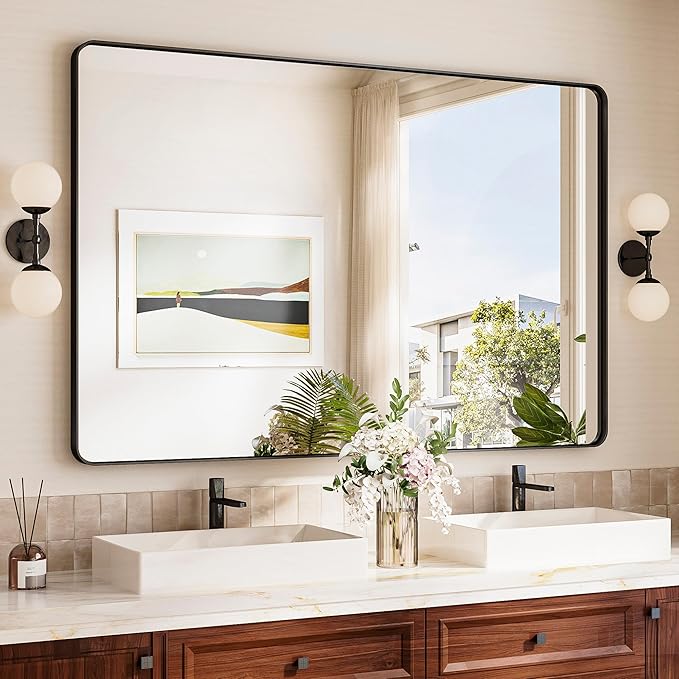 TokeShimi 55x36 Bathroom Mirror Black,Aluminum Framed Bathroom Mirror for Over Sink,Rectangle Vanity Mirror Bath,Shatterproof Tempered Glass Wall Mirror Modern(Horizontal/Vertical)
