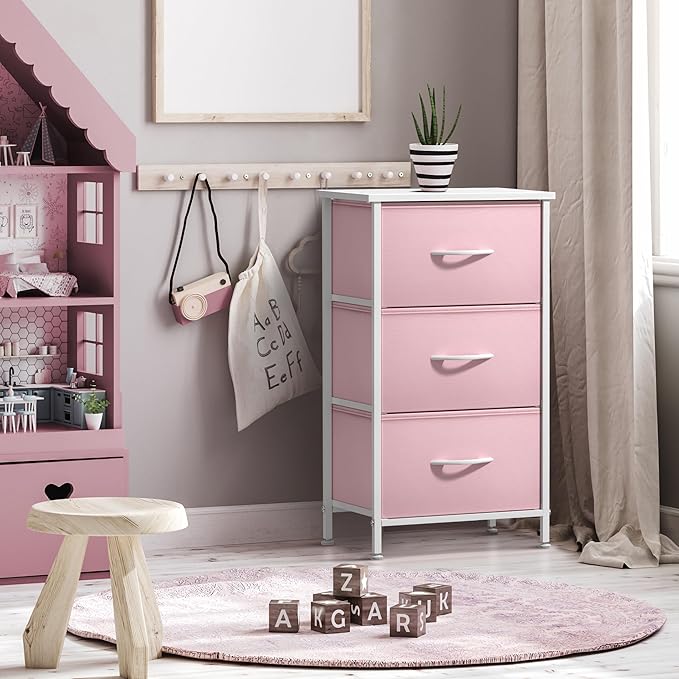 Sorbus Nightstand with 3 Drawers - Bedside Furniture & Accent End Table Chest for Home, Bedroom Accessories, Office, College Dorm, Steel Frame, Wood Top, Pastel Fabric Bins (Pink)