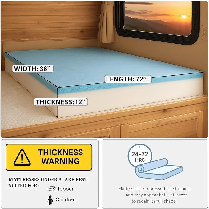 Foamma 12" x 36" x 72" Truck, Camper, RV Travel Visco Gel Memory Foam Bunk Mattress Replacement, Made in USA, Comfortable, Travel Trailer, CertiPUR-US Certified, Cover Not Included