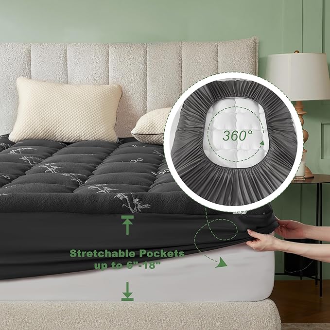 BEDLORE California King Mattress Topper Viscose Derived from Bamboo, Thick Pillow Top Mattress Pad with Stretchable Pockets for 6"-18" Mattress, Soft Mattress Topper for Back Pain Relief(Dark Gray)