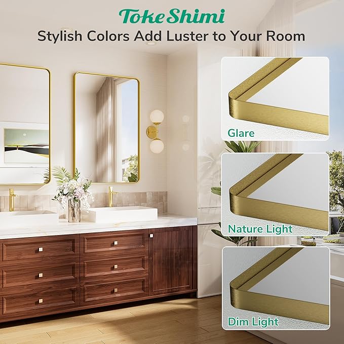 TokeShimi 24x32 Brushed Gold Bathroom Mirror,Bathroom Vanity Mirror with Tempered Glass,Shatterproof Vanity Wall Mirror for Bathroom with Aluminum Frame(Horizontal/Vertical)