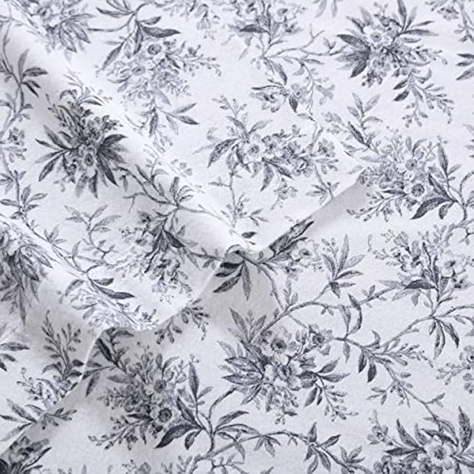 Laura Ashley - Flannel Sheets Queen Size, Anti-Pilling & Wrinkle Resistant Cotton, Touchably Soft for All-Season Comfort - Bed Sheets with Matching Pillowcases & Fitted Sheet (Faye Toile Black)
