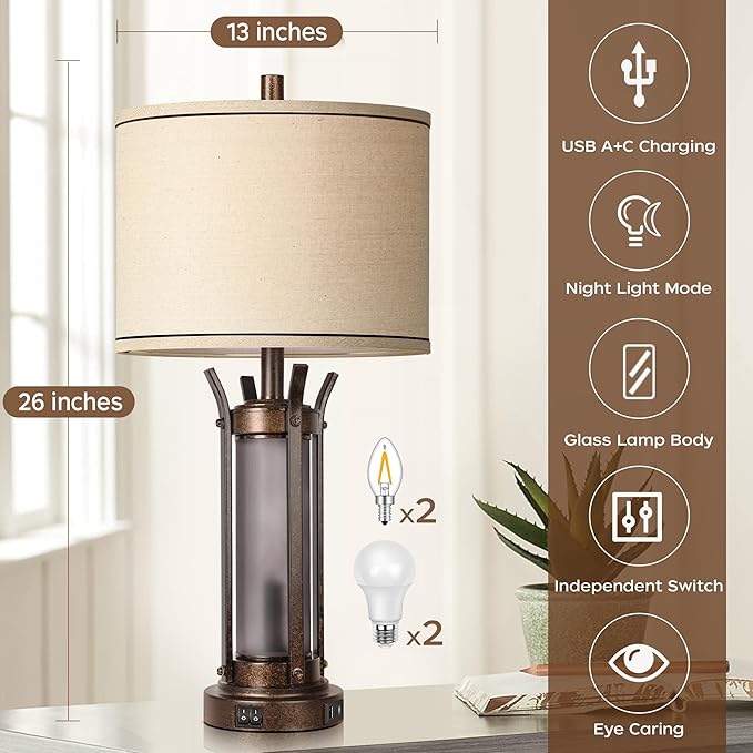 QiMH Farmhouse Table Lamps for Living Room, Rustic Beside Lamps for Bedroom with USB A+C Charging Ports, Nightstand Lamp with Frosted Glass Night Light for Home Decor, 4 Bulbs Included (Bronze)