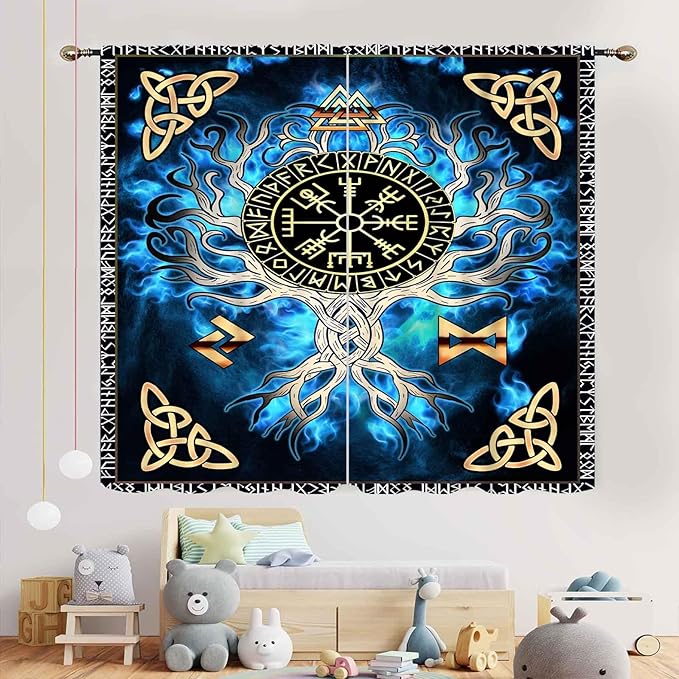 Tree of Life Curtains, Vikings Celtic Nordic Life Tree Scandinavian Aesthetic Mythology Blue Window Drapery Treatments for Bedroom Living Room Bathroom 2 Panels, 42"x54" Inch