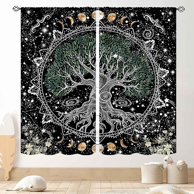 Life Tree Curtains, Hippie Sun Moon Trippy Tree of Life Bohemian Mandala Aesthetci Mystic Witchy Blackout Window Drapery Treatments for Bedroom Living Room Bathroom Decor, 55"x63" Inch