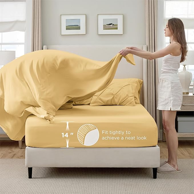 Bedsure Queen Comforter Set Yellow - Bed in a Bag Queen 7 Pieces, Pintuck Bedding Sets Gift for Christmas, Pinch Pleat Bed Set with Queen Size Comforter, Sheets, Pillowcases & Shams