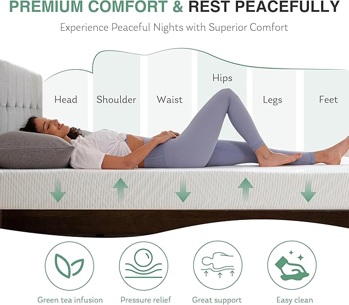 Queen Mattress in a Box, 8 inch Mattresses for Platform Bed Double Size Daybed, Green Tea Memory Foam Medium Firm