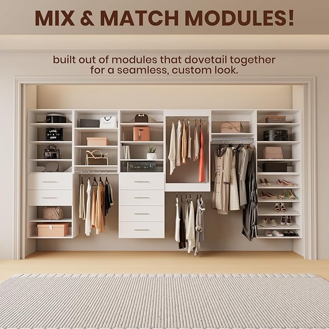 ROOMTEC 31.5" Shelf Short Tower Closet Unit, Modular Closet System with Shelf, Wardrobe Organizer for Bedroom or Walk-in Closet, Wall Mounted, Customizable Clothes Storage Unit, White