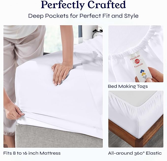 California Design Den 6 Pc Queen Size Sheet Set with 4 Pillowcases - Soft 400 Thread Count 100% Cotton Sheets, Sateen, Deep Pockets with All Around Elastic, Cool, Durable Bedding Set - White