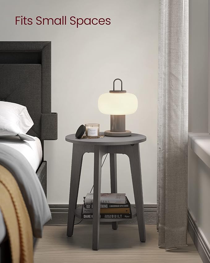 VASAGLE MAEZO Collection - Side Table, 2-Tier Small Round End Table, Nightstand with Tapered Legs, Curved Transitions, for Small Spaces, Living Room, Bedroom, Smoky Gray ULET283T68