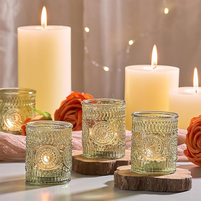 30 Pack Clear Glass Votive Candle Holders, Vintage Candle Holder Bulk, Tealight Candle Holders for Table Centerpieces, Home, Bridal Shower, Birthday, Christmas, Thanksgiving Party Table Decor (Green)