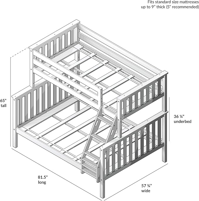 Max & Lily Bunk Bed Twin Over Full Size with Ladder, Solid Wood Platform Bed Frame with Ladder for Kids, 14" Safety Guardrails, Easy Assembly, No Box Spring Needed, Natural