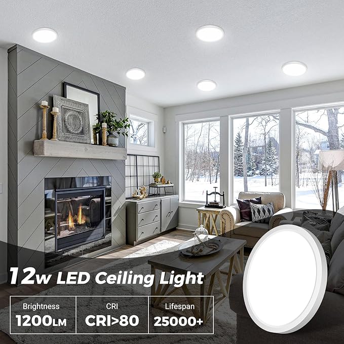 zemty 6Pack LED Ceiling Light Fixture, 6.5 Inch 12W 1200lm Flush Mount Light Fixtures, Bright & Adjustable 3000K 4000K 6500K, Round Flat Ceiling Lamp for Bathroom Closet Pantry Hallway