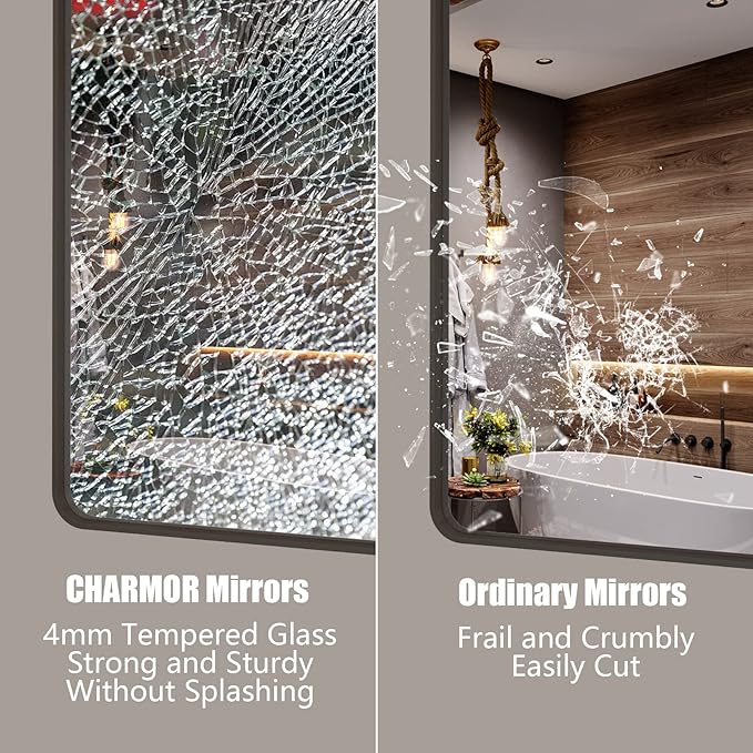60x30 Bronze Bathroom Mirror for Wall, Brushed Metal Bronze Framed Bathroom Vanity Mirror, Rounded Rectangle Mirror, Shatterproof, Anti-Rust (Horizontal/Vertical)