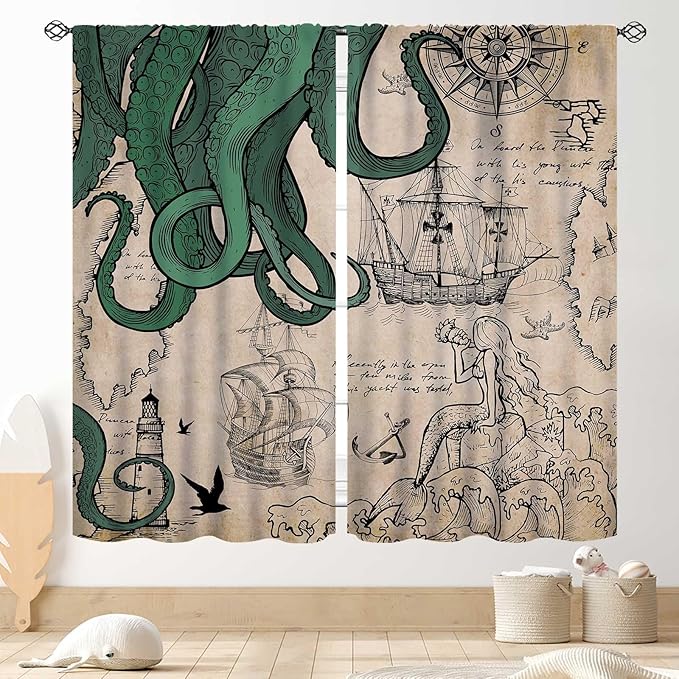 Nautical Octopus Curtains, Coastal Old Pirate Map Sailboat Compass Vintage Magic Ocean Kraken Octopus Tentacles Window Drapery Treatment for Bedroom Living Room Kitchen Bathroom 2 Panels, 42"x45" Inch