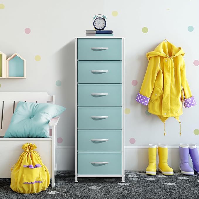 Sorbus Fabric Dresser for Kids Bedroom - Chest of 6 Drawers, Tall Storage Tower, Clothing Organizer, for Closet, for Playroom, for Nursery, Steel Frame, Fabric Bins - Wood Handle (Aqua)