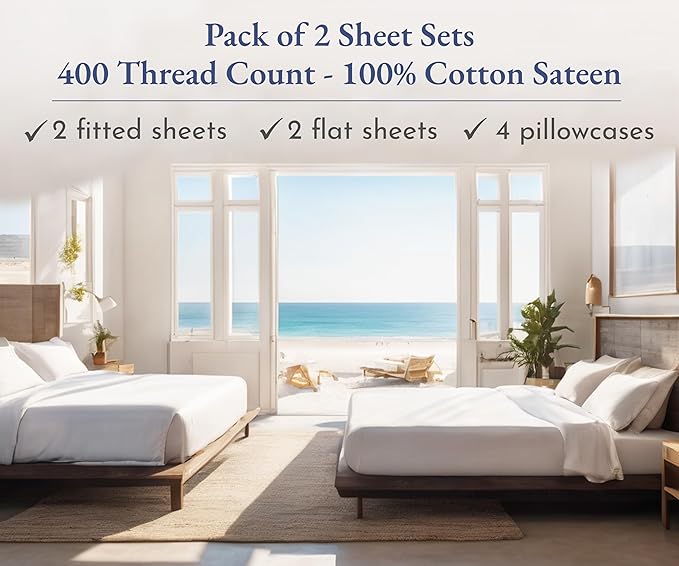 2-Pack Luxury Queen Sheet Sets - 400 Thread Count 100% Cotton Sateen - Extra Soft, Breathable & Cooling Sheets, Wrinkle Resistant, 2 Sets of Deep Pocket Bed Sheets - Antique White