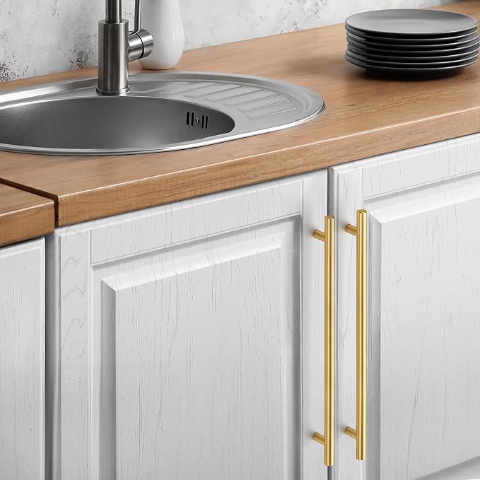 JOY DECOR 60 Pack Cabinet Handles, Gold Cabinet Pulls, 10 in Hole Center Kitchen Cabinet Handles, Stainless Steel T Bar Handles for Dresser Drawers