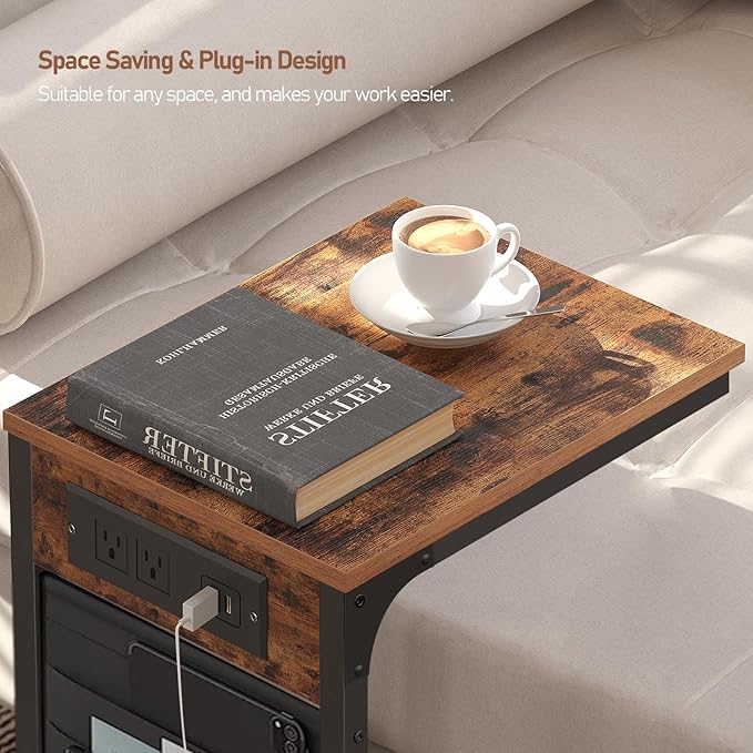 TUTOTAK C Shaped End Table with Charging Station, Side Table for Sofa, Couch with Storage Bag, Set of 2, TV Tray with 2 USB Ports and Outlets for Living Room, Bedroom, Brown TB01BB0242