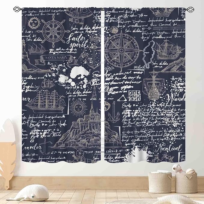 Vintage Nautical Curtains, Marine Coastal Sailboat Compass Anchor Ocean Beach Old Pirate Map Navy Blue Blackout Retro Drapes for Bedroom Living Room Kitchen Bathroom Window 2 Panels, 84"x84" Inch