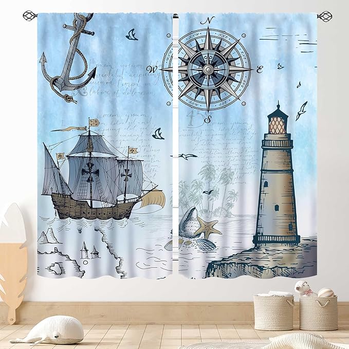 Nautical Curtains, Vintage Marine Coastal Sailboat Compass Anchor Ocean Beach Lighthouse Watercolor Blue Decorative Drapes for Bedroom Living Room Kitchen Bathroom Window 2 Panels Set, 42"x54" Inch