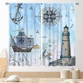 Nautical Curtains, Vintage Marine Coastal Sailboat Compass Anchor Ocean Beach Lighthouse Watercolor Blue Decorative Drapes for Bedroom Living Room Kitchen Bathroom Window 2 Panels Set, 84"x84" Inch