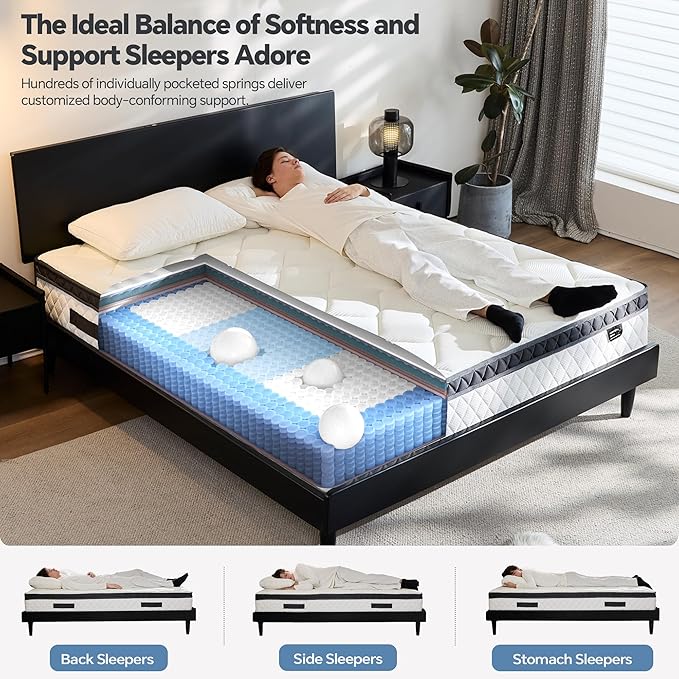 Queen Mattress in a Box, 12 Inch Hybrid Mattress with Individual Pocket Spring & Memory Foam, Motion Isolation, Medium Firm Comfort for Pressure Relief, CertiPUR-US Certified